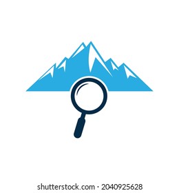Mountain and loupe logo combination. Nature and magnifying symbol or icon. Magnifying glass and mountain logo design.