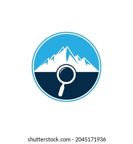 Mountain and loupe logo combination. Nature and magnifying symbol or icon. Magnifying glass and mountain logo design.