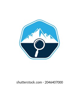 Mountain and loupe logo combination. Nature and magnifying symbol or icon. Magnifying glass and mountain logo design.