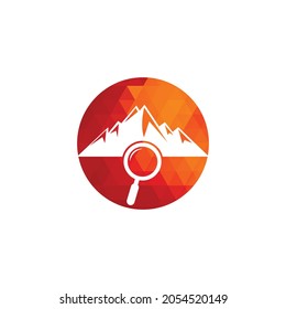 Mountain and loupe logo combination. Nature and magnifying symbol or icon. Magnifying glass and mountain logo design.	