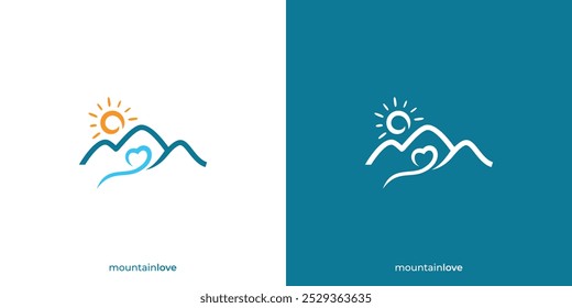 Mountain Love Logo. Mountain and Love Shape with Minimalist Style. Love Nature Logo, Icon, Symbol, Vector, Design Inspiration.