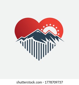 Mountain lover logo concept.  With heart, mountain and sunshine illustration.