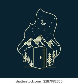 Mountain with magic door monoline vintage outdoor badge design