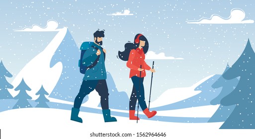 Mountain Man and Woman Couple Climbers with Backpacks Walking via Heavy Snow. Winter Climbing Mountaineering Sport. Extreme Seasonal Recreation. Snowfall and Frost. Vector Cartoon Flat Illustration