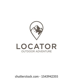 Vorlage für Mountain Map-Logo. Wanderlogodesign mit Typografie und Reiseelementen, Karte, Pin.