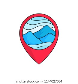 Mountain map pin locator logo badge. High cloudy mountains illustration for trekking outdoor activity concept with circle frame. simple flat cartoon style vector design.