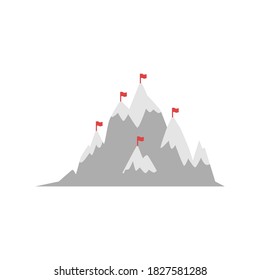 Mountain with marked by alpinists red flags hill peaks, flat vector illustration isolated on white background. Alpinists traveling and tourism icon or logo element.