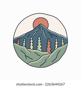 The mountain and maroon sun outdoor vector for t-shirt, sticker, and badge design