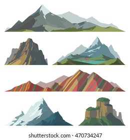 Mountain mature silhouette element outdoor icon snow ice tops and decorative isolated camping landscape travel climbing or hiking mountainous geology vector illustration.