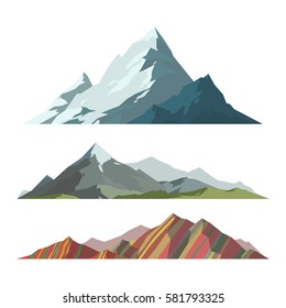 Mountain mature silhouette element outdoor icon snow ice tops and decorative isolated camping landscape travel climbing or hiking mountainous geology vector illustration.