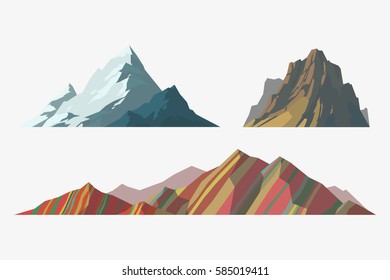 Mountain mature silhouette element outdoor icon snow ice tops and decorative isolated camping landscape travel climbing or hiking geology vector illustration.