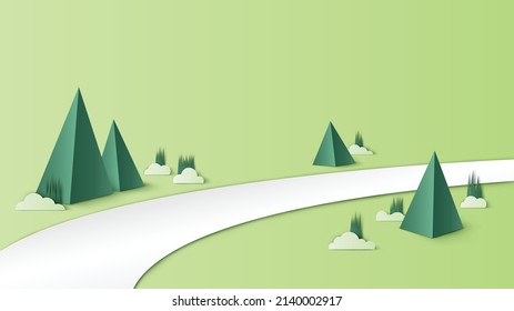 Mountain meadow in spring. Spring meadow. Springtime. paper cut and craft style. vector, illustration.