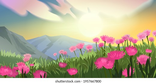 Mountain meadow at sunrise landscape. Vector background.