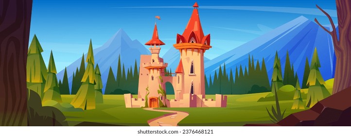 Mountain medieval castle cartoon vector landscape. Fairy tale palace background illustration. Road to fantasy king fortress on meadow in forest. Ancient chateau building architecture with flag
