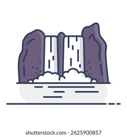Mountain in the middle of a waterfall vector icon. Nature sign. Graph symbol for travel and tourism web site and apps design, logo, app, UI