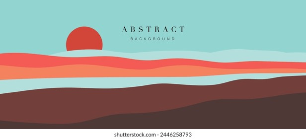 Mountain minimal background vector. Abstract landscape hills with earth tone, sunrise, moon. Nature view illustration design for home decor, wallpaper, prints, banner, interior decor.