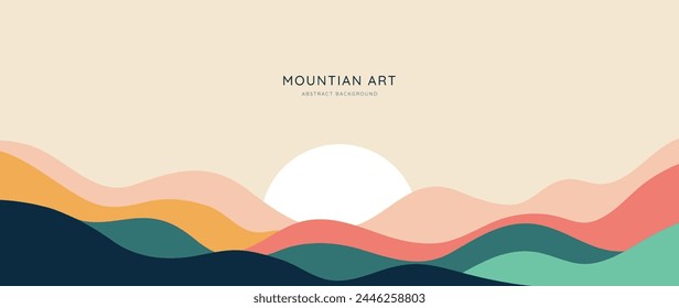 Montaña Vector de fondo mínimo. Abstractas paisaje de colinas con tono de tierra, amanecer, luna. Diseño de la ilustración de la vista de la Naturaleza para la decoración del hogar, Fondo de pantalla, impresiones, Anuncio, decoración interior.