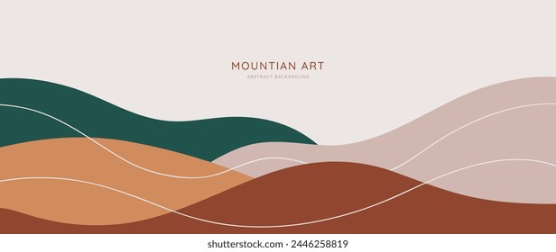 Mountain minimal background vector. Abstract landscape hills with earth tone, line art. Nature view illustration design for home decor, wallpaper, prints, banner, interior decor.