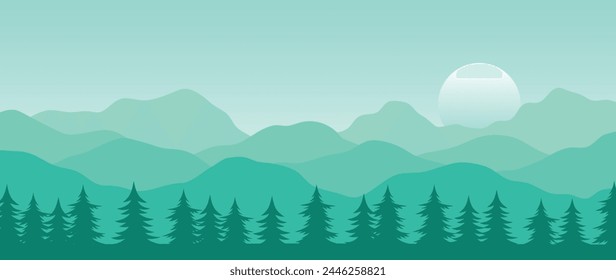 Montaña Vector de fondo mínimo. Abstractas paisaje de colinas con color verde, pino, sol, luna. Diseño de la ilustración de la vista de la Naturaleza para la decoración del hogar, Fondo de pantalla, impresiones, Anuncio, decoración interior.