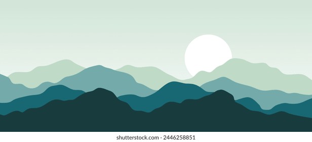 Mountain minimal background vector. Abstract landscape hills with green color, sun, moon. Nature view illustration design for home decor, wallpaper, prints, banner, interior decor.