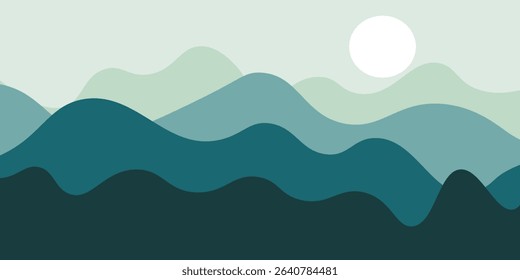 Mountain minimal background vector. Abstract landscape hills with green color, sun, moon. Nature view illustration design for home decor, wallpaper, prints, banner, interior decor.