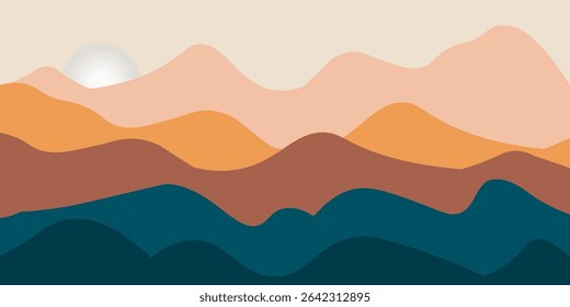 Mountain minimal background vector. Abstract landscape hills with green color, sun, moon. Nature view illustration design for home decor, wallpaper, prints, banner, interior decor.
