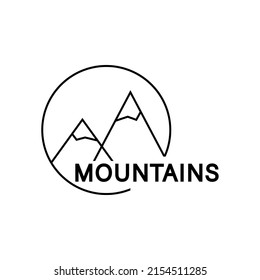 Mountain minimal simple logo with sun and ice peaks. Isolated vector illustration on white background. 