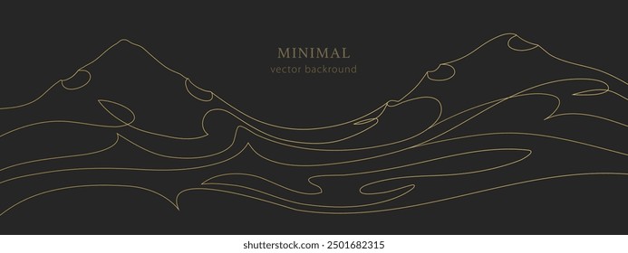 Mountain minimal vector background art. Abstract black background. Sound waves. Gold mountains, The Alps, The Himalayas. Golden waves. Minimalism landscape. Horizontal banner with hills. Mountain peak