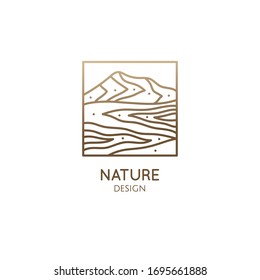 Mountain minimalistic logo. Rectangular linear icon of landscape - mountains and river. Vector abstract emblem for a travel, alternative medicine and ecology 