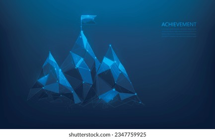mountain mission goal and flag low poly wireframe on blue background. business strategy to success climbing route. vector illustration fantastic technology design.
