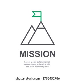 Mountain mission peak line vector icon sign with green flag. Business or company management goal concept. Isolated on white background. Callenge target. Abstract top of success symbol. V3 form SET3