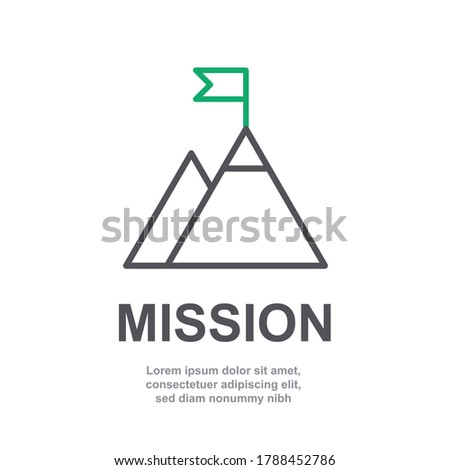 Mountain mission peak line vector icon sign with green flag. Business or company management goal concept. Isolated on white background. Callenge target. Abstract top of success symbol. V3 form SET3