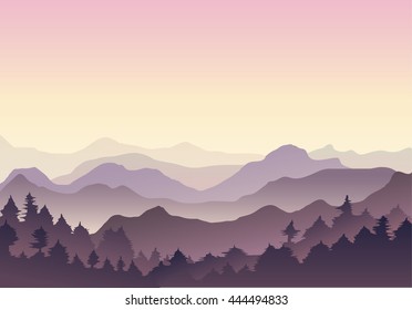 Mountain mist landscape. Mountaineering and Traveling Vector Illustration. Extreme Sports, Vacation and Outdoor Recreation Concept.