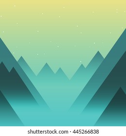 Mountain mist panoramic landscape on background night sky full of stars. Nature on evening with hill haze view. Vector illustration. 