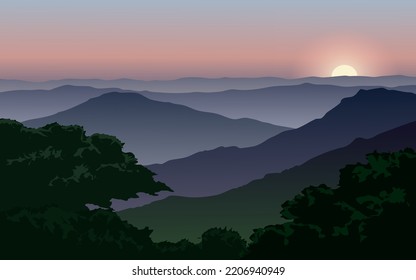 Mountain misty sunset panorama with forest. Vector sunset landscape
