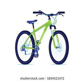 Mountain modern sport bike with speed shifting with disc brakes. Hydraulic fork. Green rigid frame. Flat style vector graphics. Side and front view. Isolated white background.