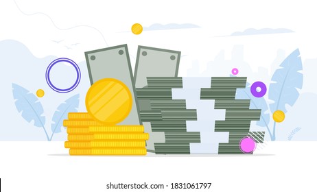 Mountain of money. Dollars, bundles of money, gold coins. The concept of a successful business, earnings and wealth. Vector.