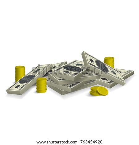 Mountain Of Money Stack With Shadows Isolated On White. EPS10 Vector