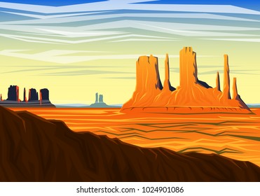 Mountain and Monument Valley, morning panoramic view, peaks, landscape early in daylight. travel or camping, climbing, vector illustration for website or banner. Outdoor hill tops, Hunts Mesa, Arizona