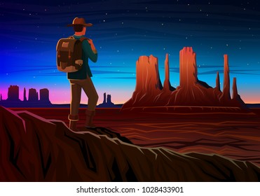 Mountain and Monument Valley with tourist, Night panoramic view, landscape early in daylight. travel camping, climbing, vector illustration. website or banner. Outdoor hill tops, Hunts Mesa, Arizona