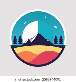 Mountain with a moon and birds in a circular frame.