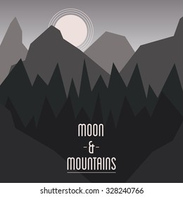 Mountain, moon, forest, flat style