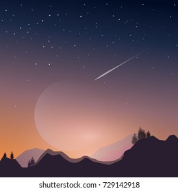 Mountain , Moon light with shooting star in twilight sihouette background