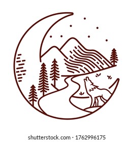 Mountain and moon night vector line illustration