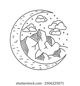 Mountain and moon patch in line art style. For printing on mugs and T-shirts. Black outline on white background. Nature and travel concept. Vector illustration.