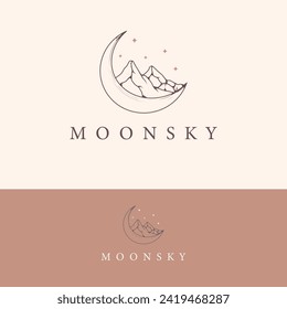 Mountain and moon star line art simple logo design minimallist for luxury bussiness	do using adobe illustrator