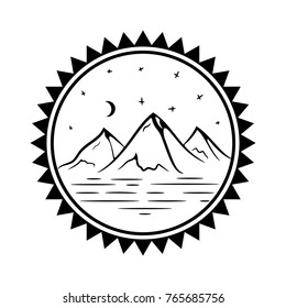 Mountain with moon and stars.