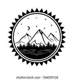 Mountain with moon and stars.