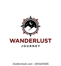 mountain with moon, stars and compass  logo wanderlust Adventure logo. mountain with compass sun outdoor brand design icon logo illustration badge