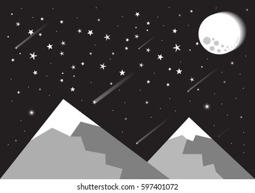 mountain with the moon stars and meteor , black sky background